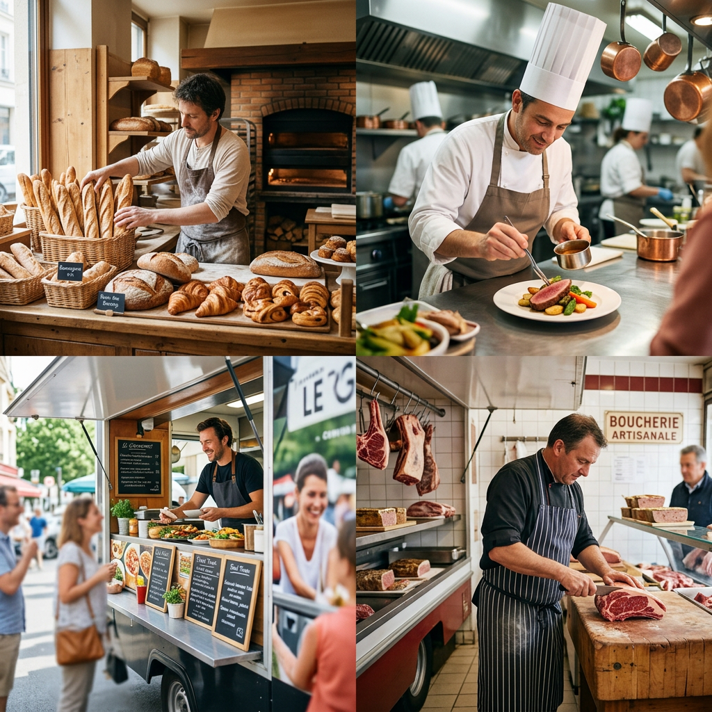 Boulanger, chef, vendeur de food truck et boucher en activité