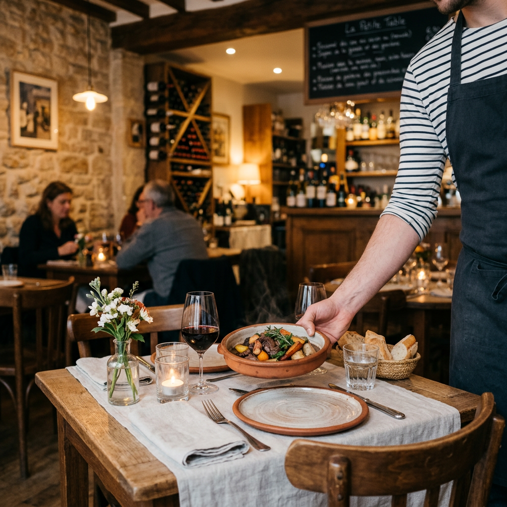 Serveur dressant un plat dans un restaurant français