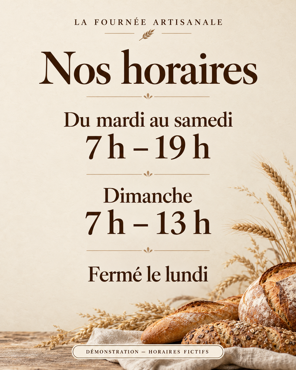 Horaires fictifs de La Fournée Artisanale — démonstration
